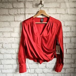 WORTHINGTON Red Satin Crossover Blouse, XS